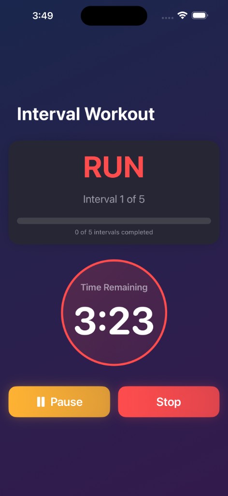 Active RUN interval with countdown timer and Pause/Stop buttons