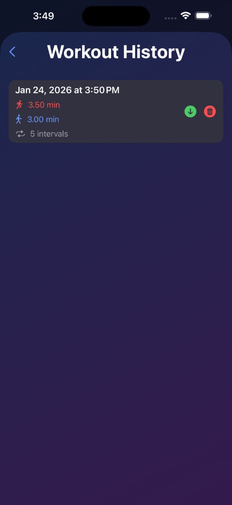 Workout History with past workout entries and download/delete actions
