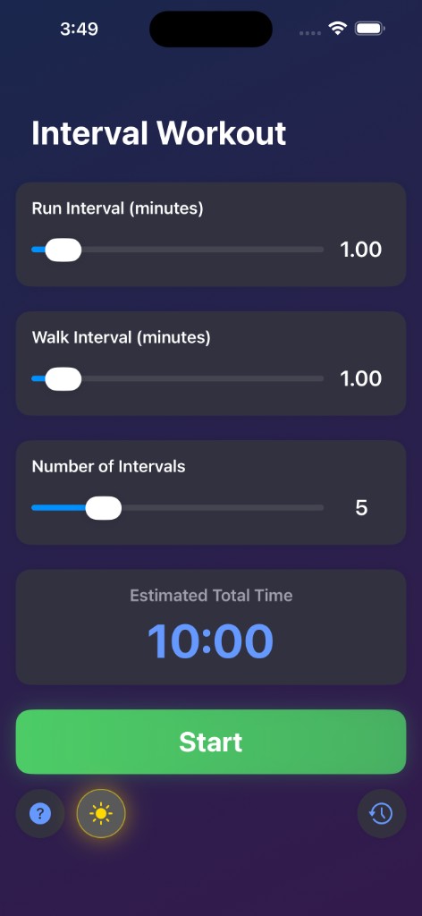 Interval Workout setup screen with run/walk sliders and Start button